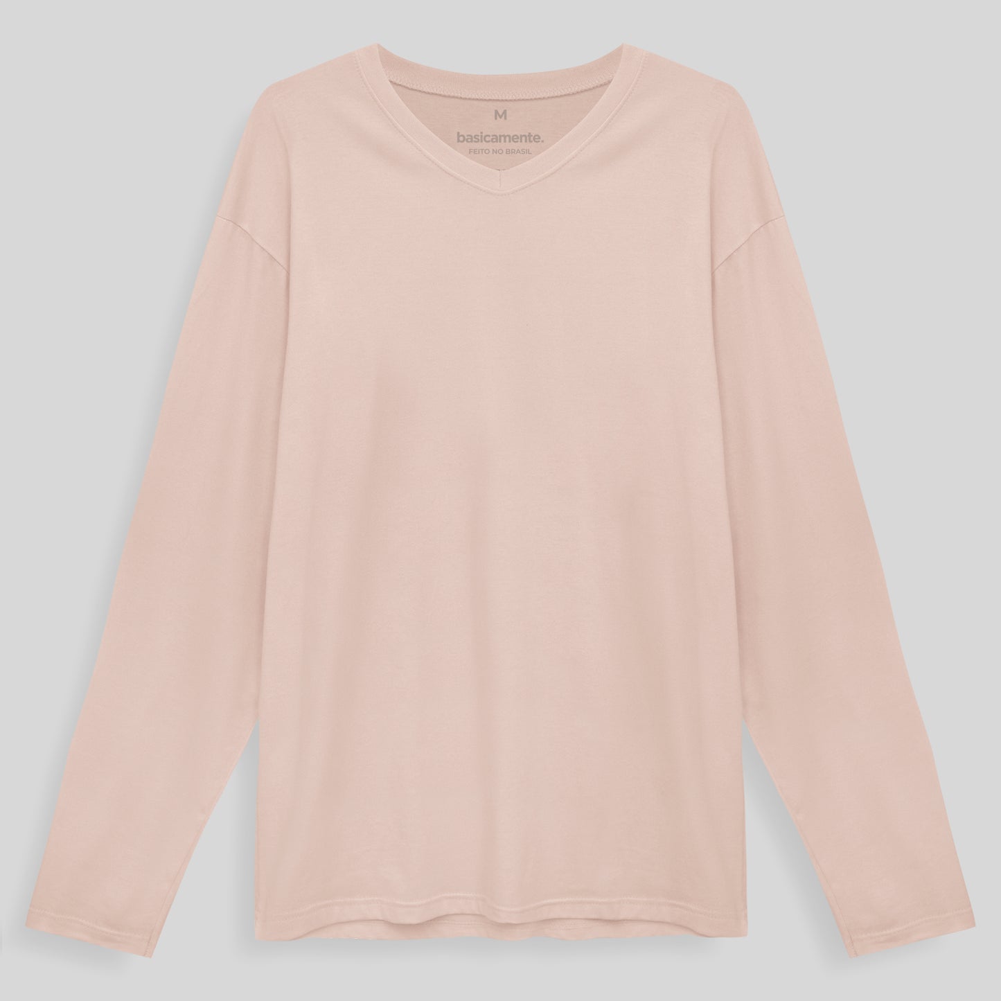 Camiseta Básica Gola V Manga Longa Masculina - Rosa Pastel