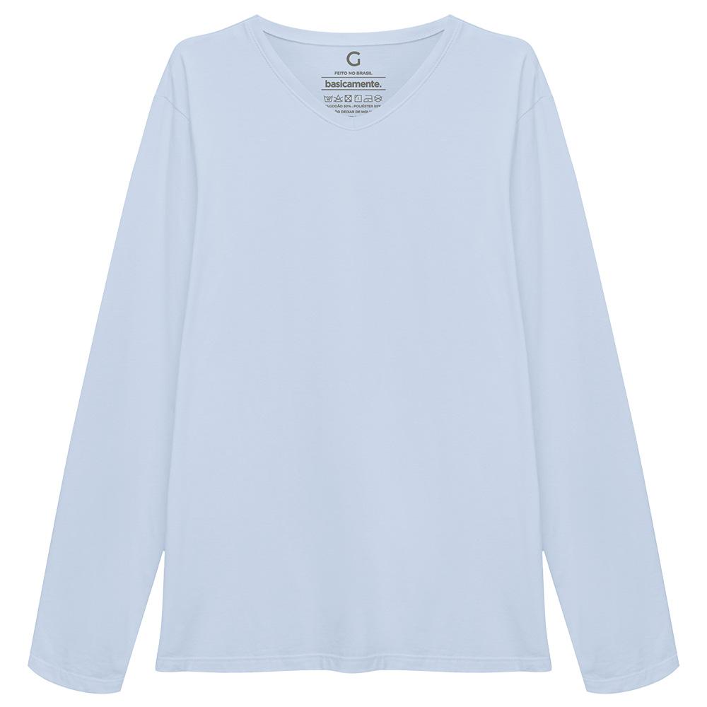 Camiseta Básica Gola V Manga Longa Masculina - Azul Capri