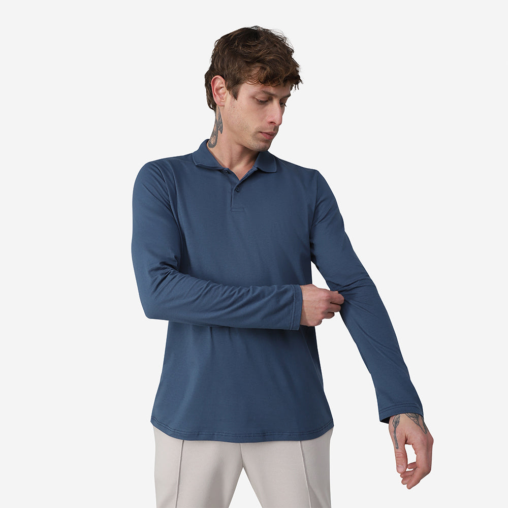 Camisa Polo Manga Longa Masculina - Azul Indigo