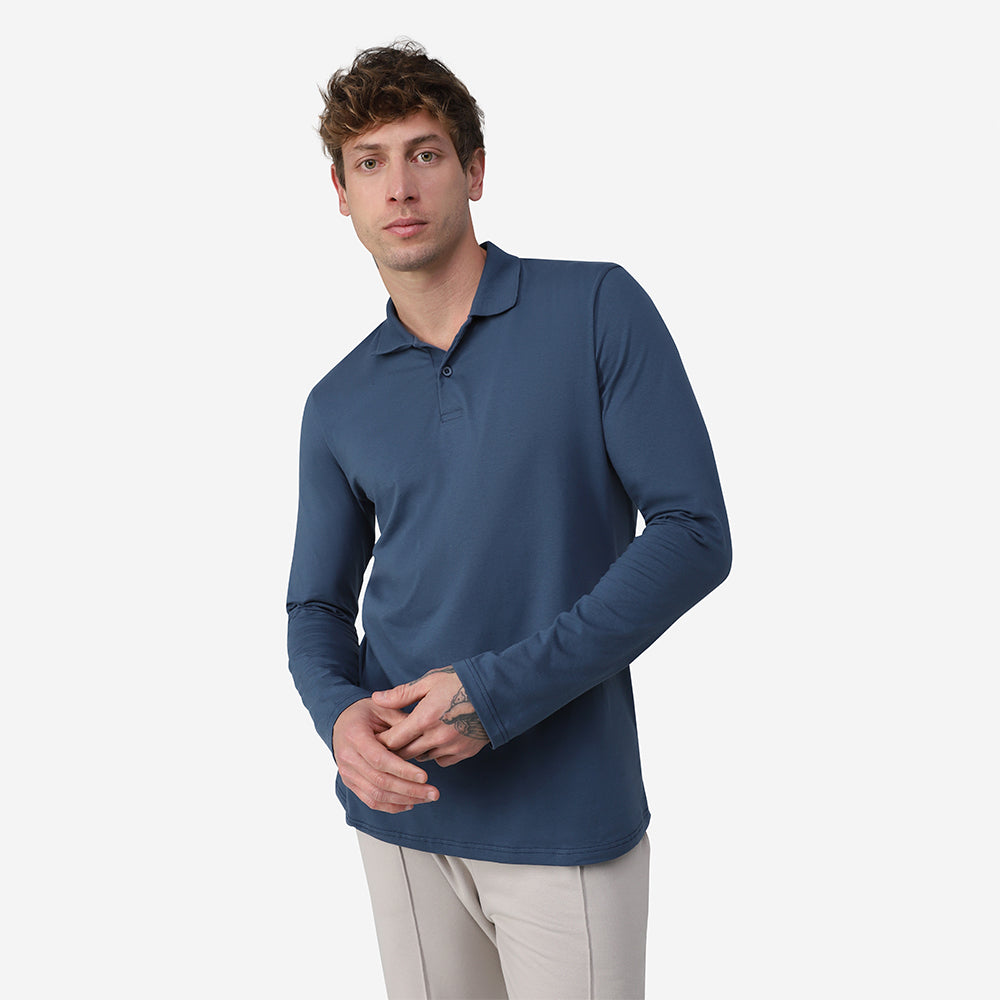 Camisa Polo Manga Longa Masculina - Azul Indigo