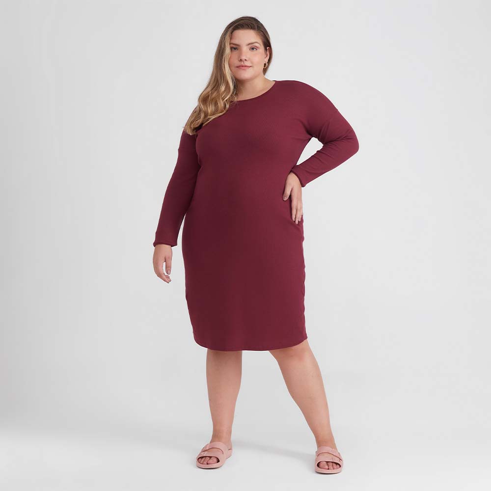 Vestido Ml Confort PLus Feminina - Vermelho Vinho