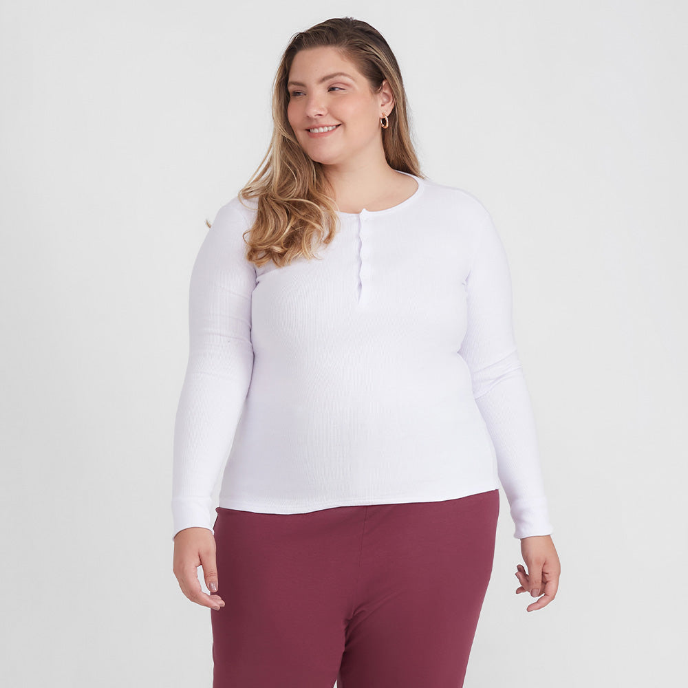 Camiseta Conforto Ml Gola C Plus Feminina - Branco