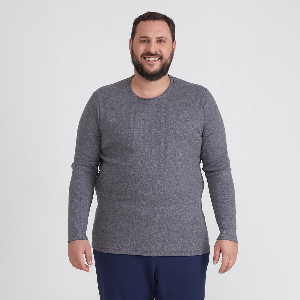 Camiseta Conforto Ml Gola C Plus Masculina - Mescla Escuro
