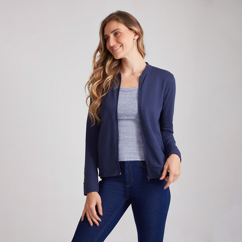 Jaqueta Moletom Desfibrado Feminina - Azul Marinho