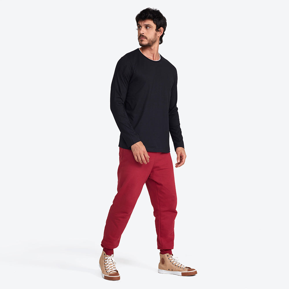 Camiseta Manga Longa Gola Dupla Masculina - Preto