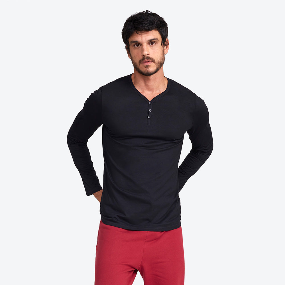 Camiseta Henley Manga Longa Masculina - Preto