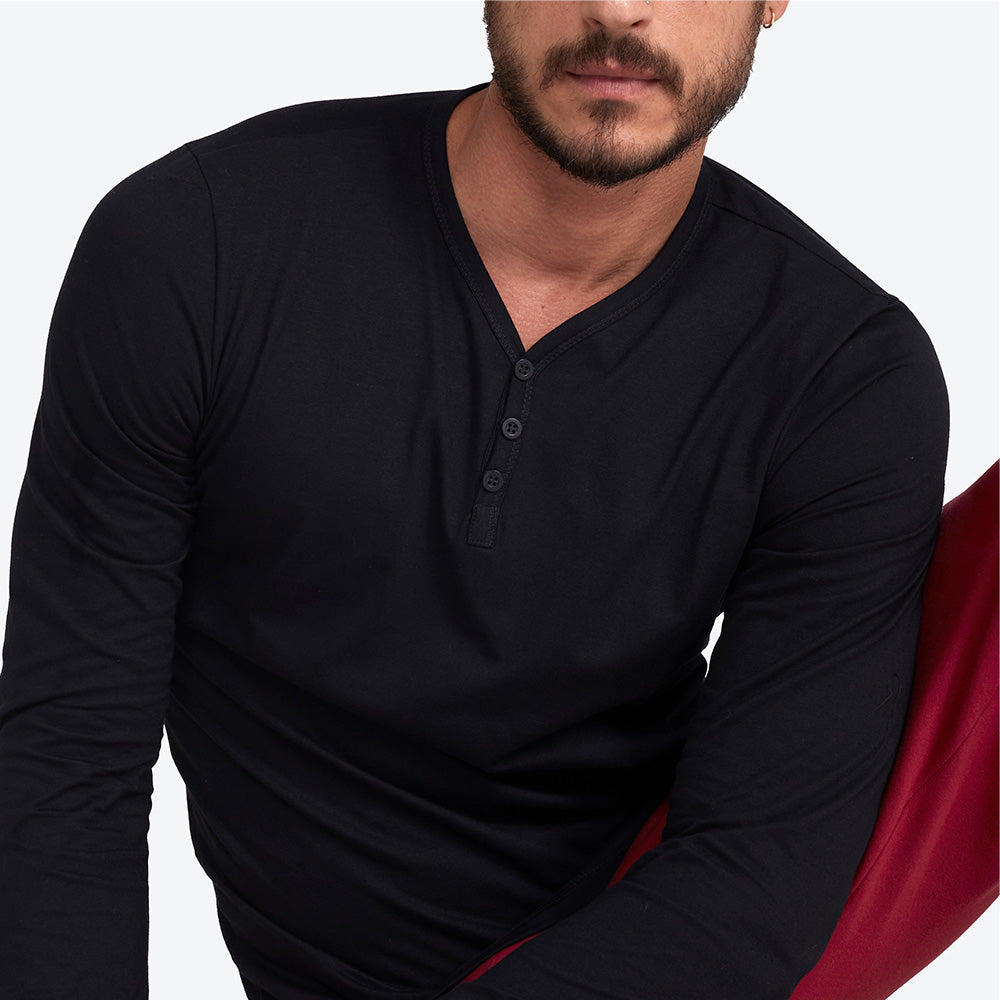 Camiseta Henley Manga Longa Masculina - Preto