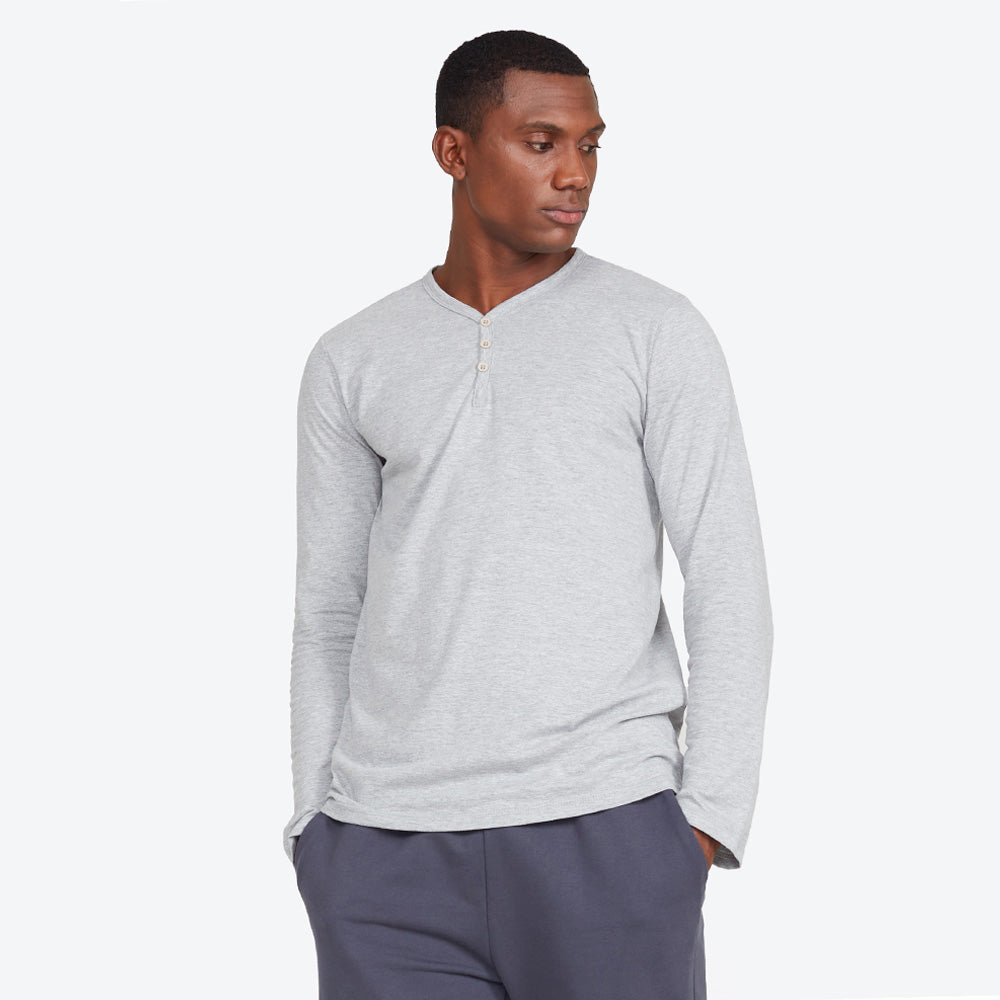 Camiseta Henley Manga Longa Masculina - Mescla Claro