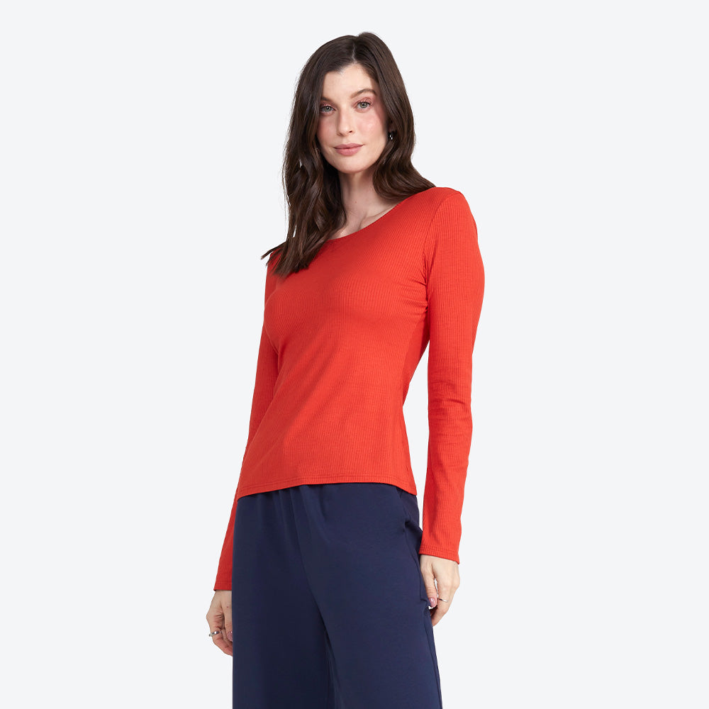 Camiseta Canelada Manga Longa Feminina - Vermelho Páprica