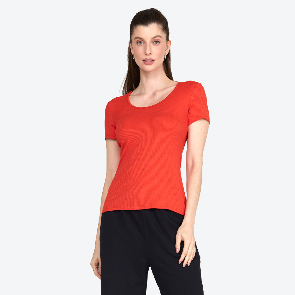 Camiseta Canelada Gola U Feminina - Vermelho Páprica