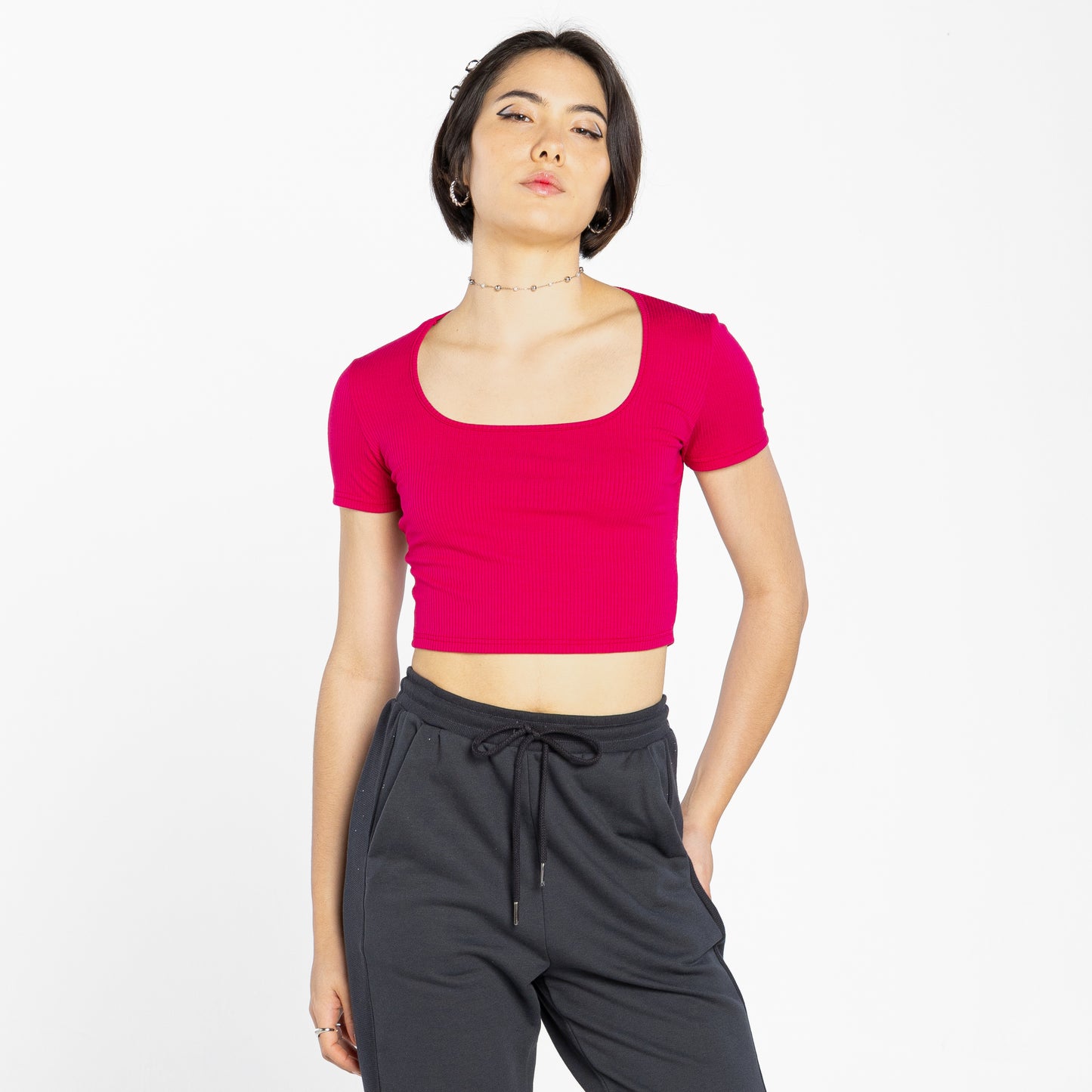Blusa Cropped Canelada Decote Quadrado - Magenta