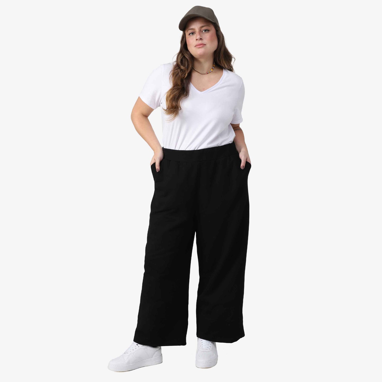 Calça Wide Tech Impermeável Moletom Flanelado Plus Feminina - Preto