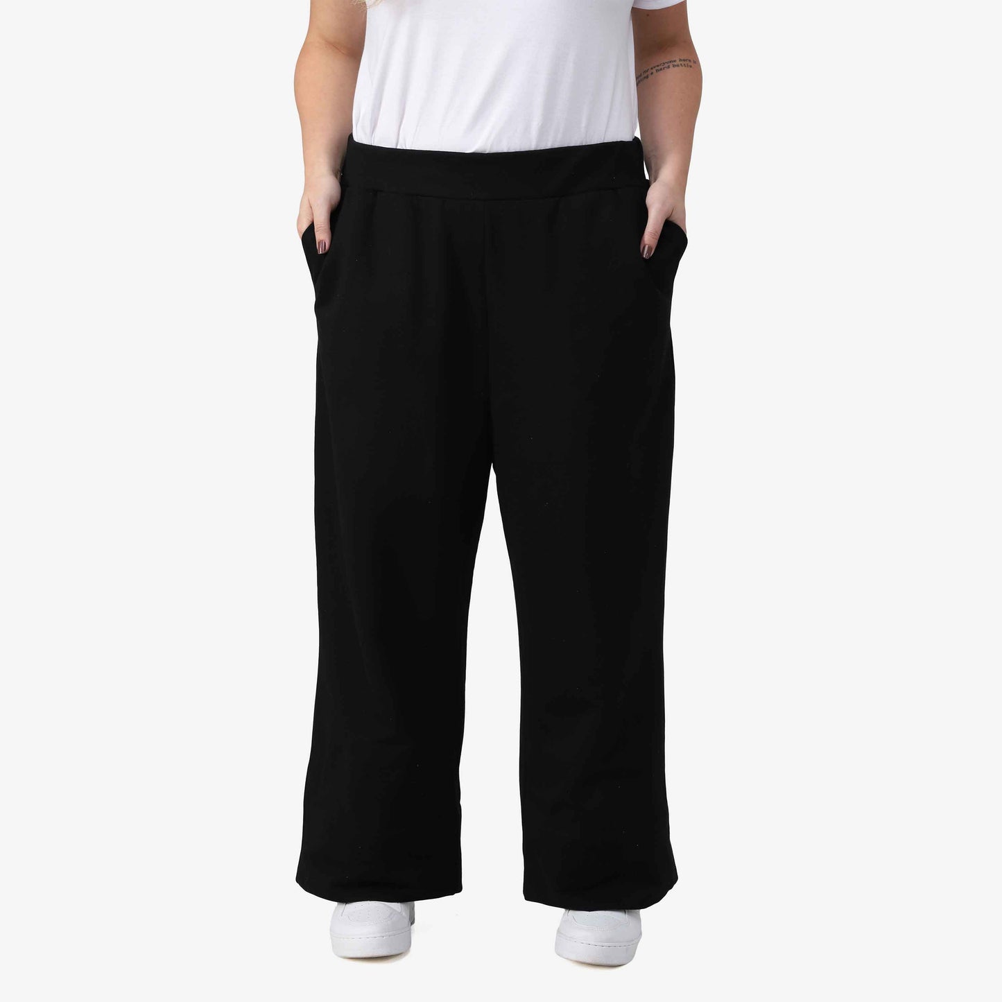 Calça Wide Tech Impermeável Moletom Flanelado Plus Feminina - Preto