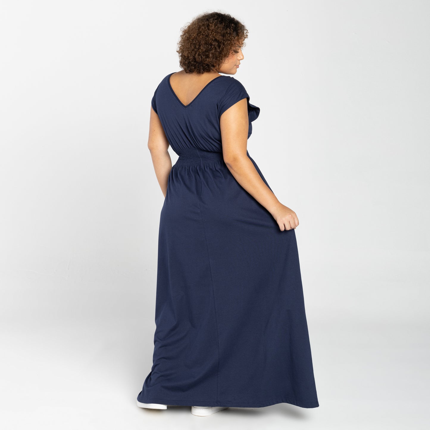 Vestido Gola V Longo Plus - Azul Marinho