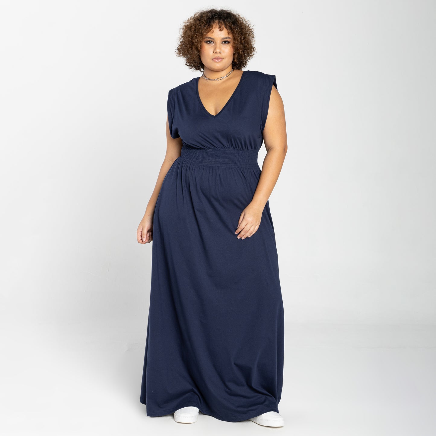 Vestido Gola V Longo Plus - Azul Marinho