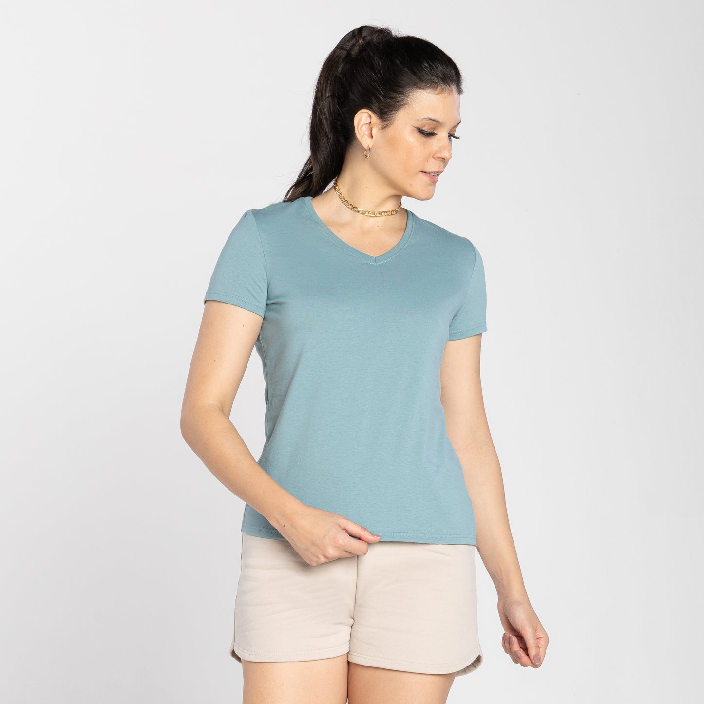 Camiseta Básica Gola V Cobregola Feminina - Verde Hortelã