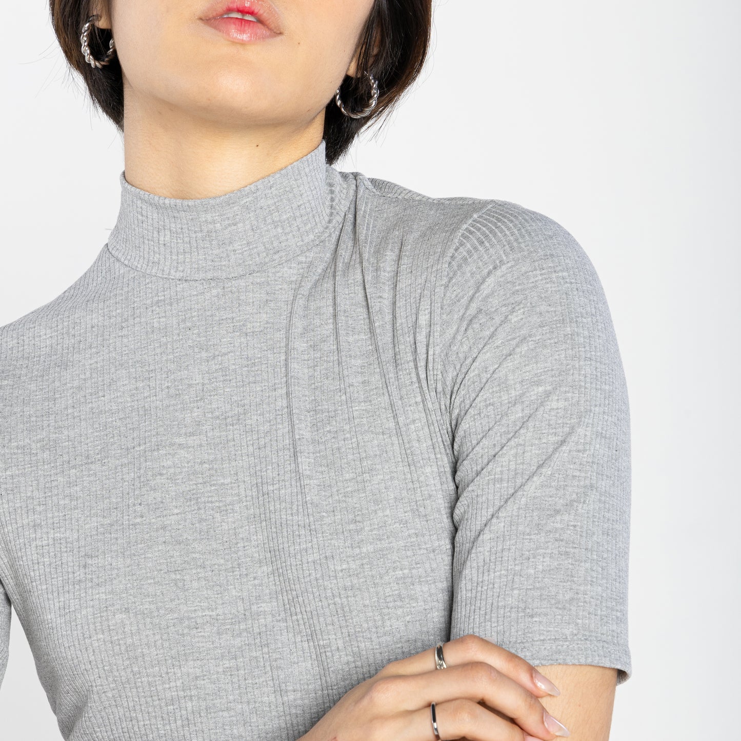 Blusa Canelada Gola Rolê Feminina - Mescla Claro