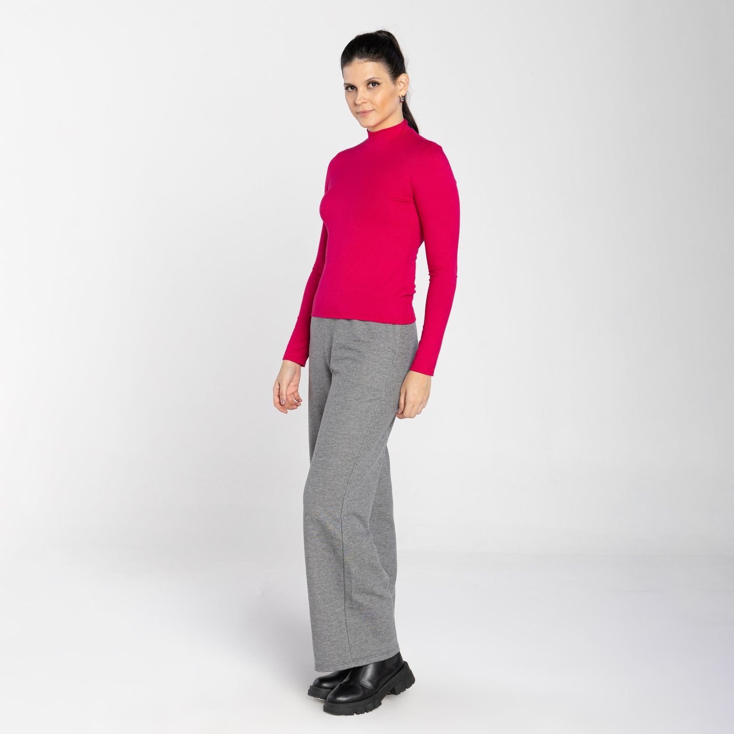 Blusa Canelada Gola Rolê Manga Longa Feminina - Magenta