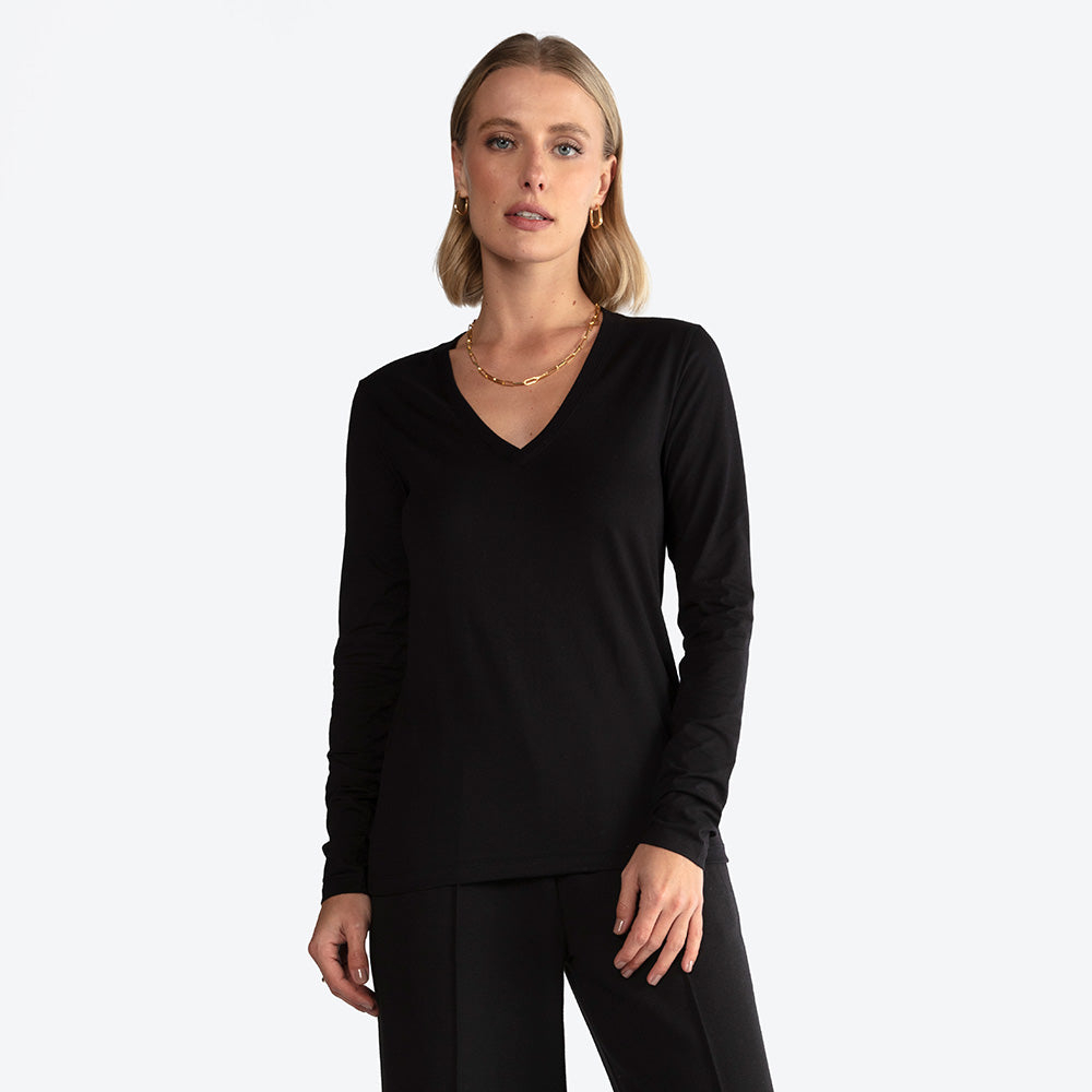 Camiseta Perfeita Pima Manga Longa Gola V Feminina - Preto