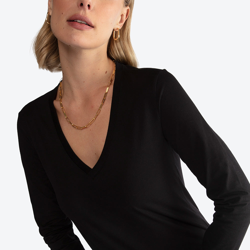 Camiseta Perfeita Pima Manga Longa Gola V Feminina - Preto