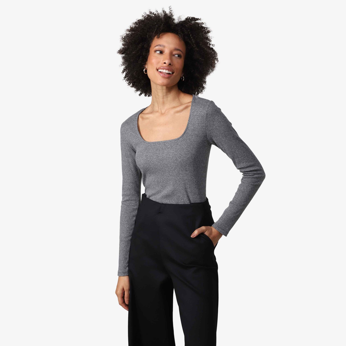 Blusa Canelada Algodão Decote Quadrado Feminina - Mescla Escuro