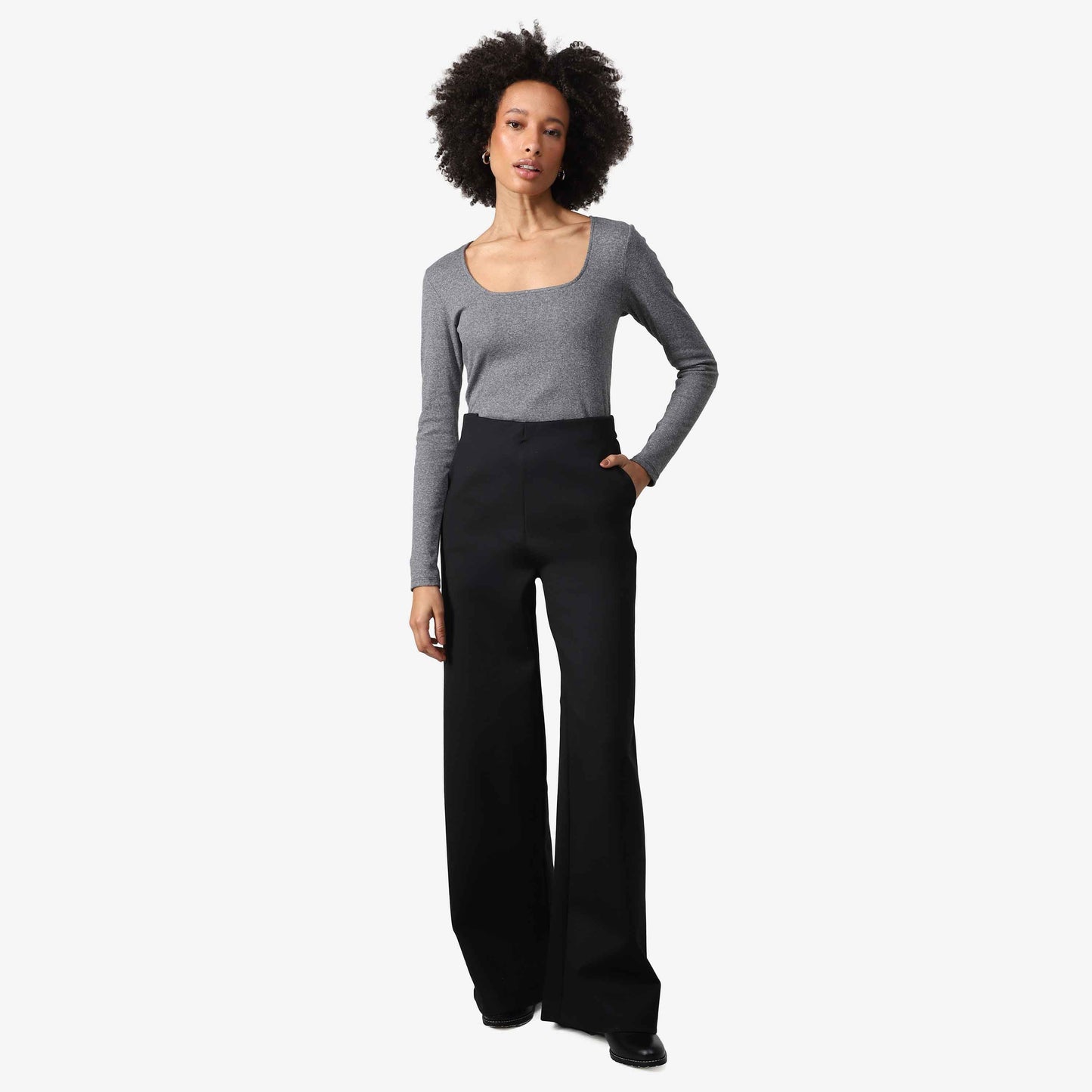 Blusa Canelada Algodão Decote Quadrado Feminina - Mescla Escuro