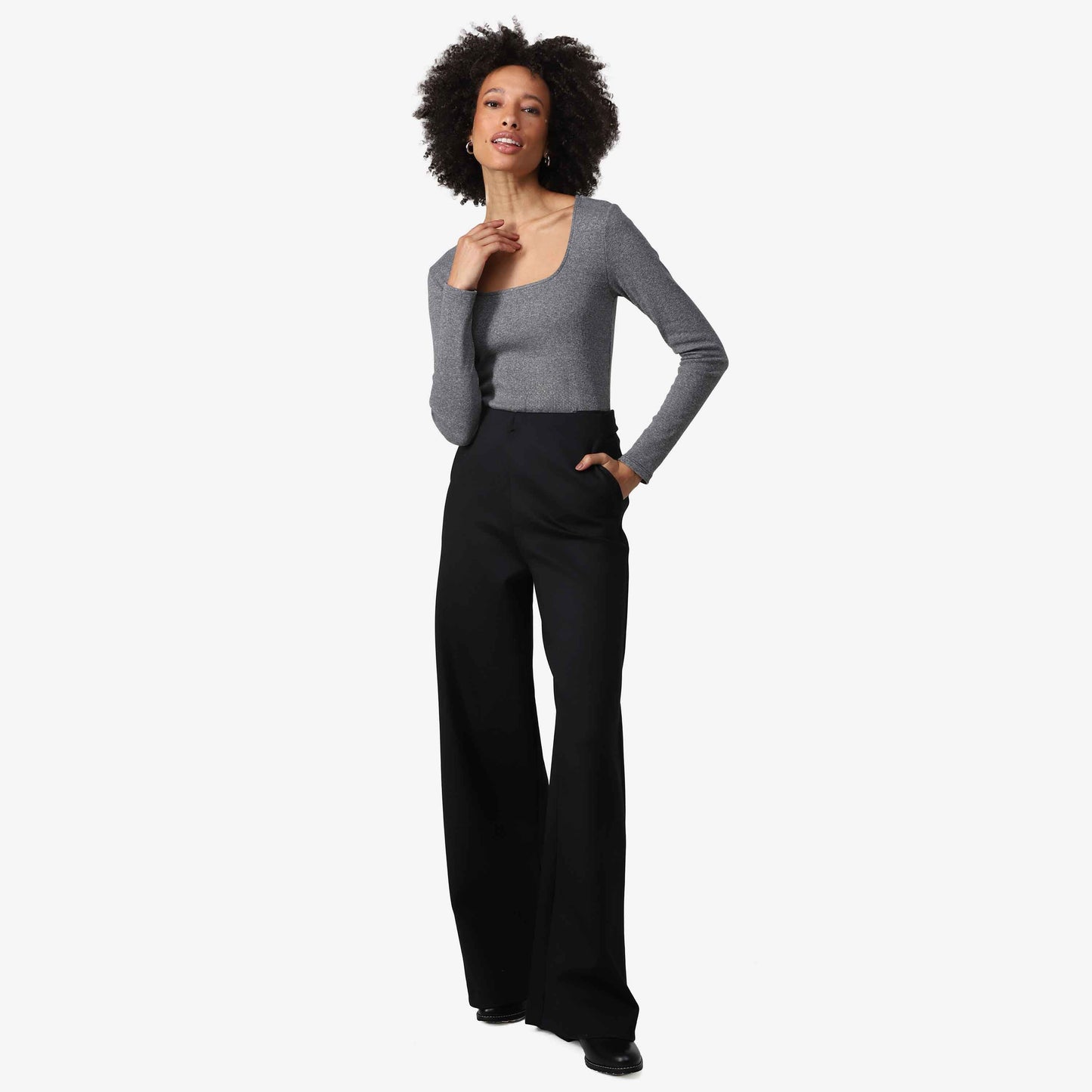 Blusa Canelada Algodão Decote Quadrado Feminina - Mescla Escuro