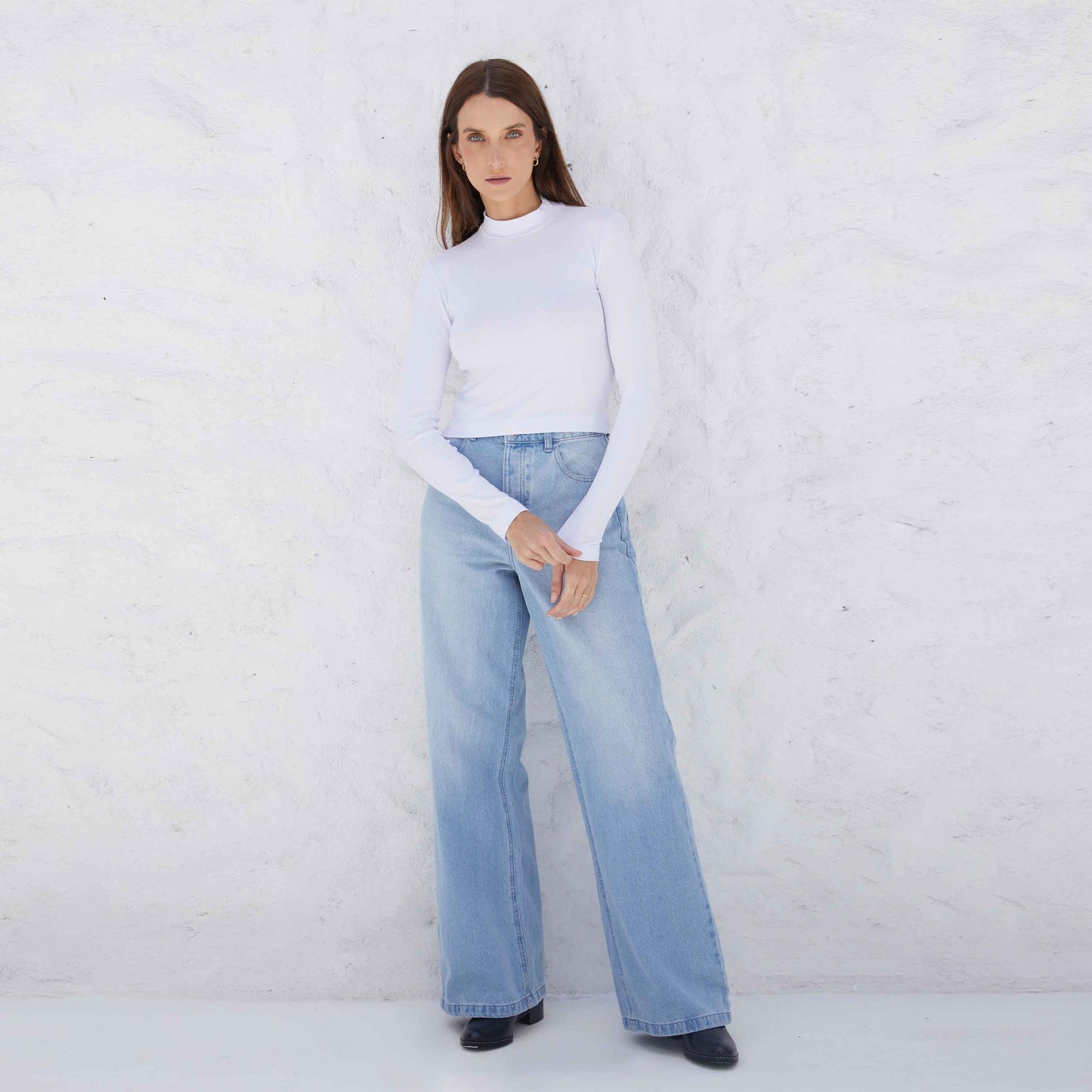 Blusa Canelada Viscose Gola Alta Feminina - Branco
