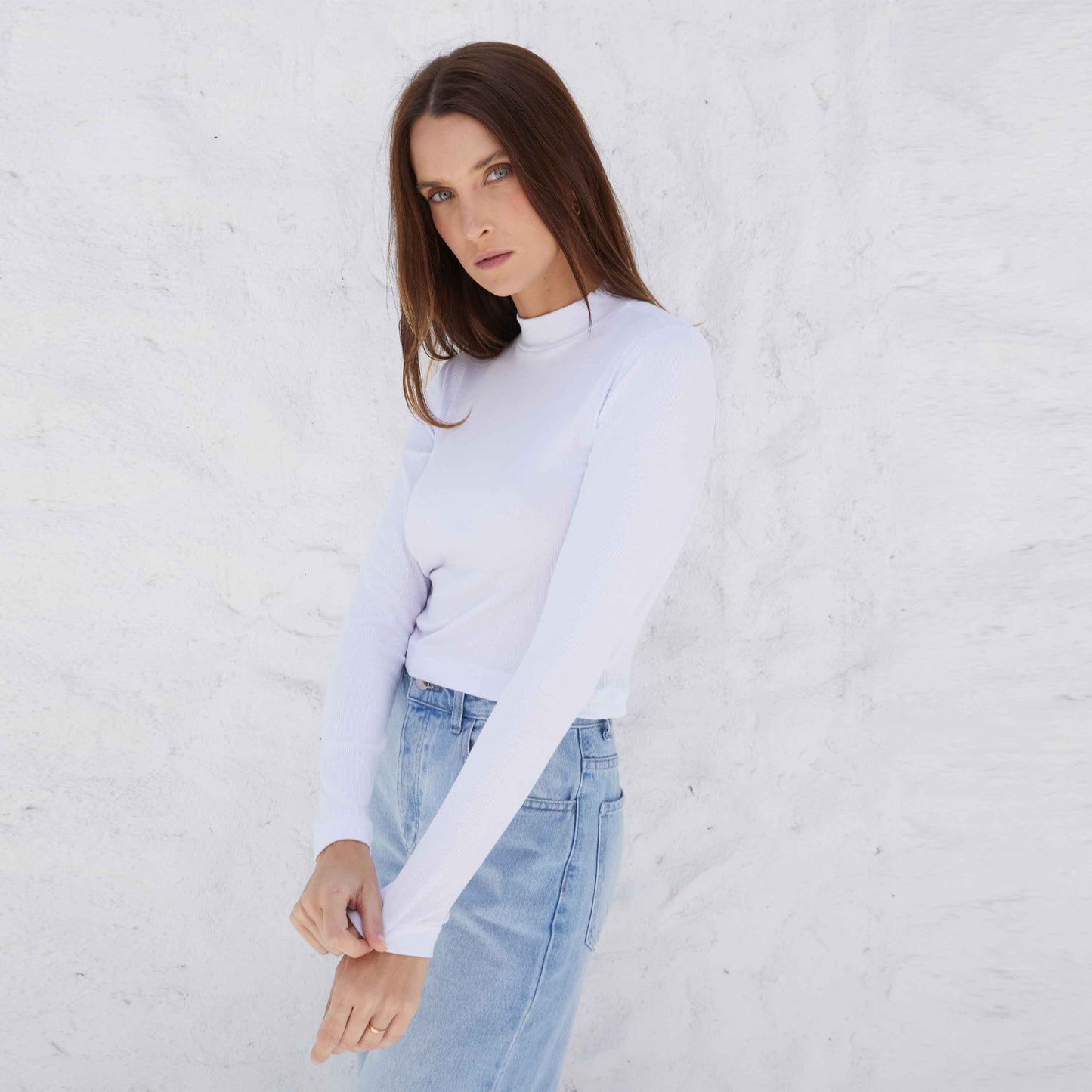 Blusa Canelada Viscose Gola Alta Feminina - Branco
