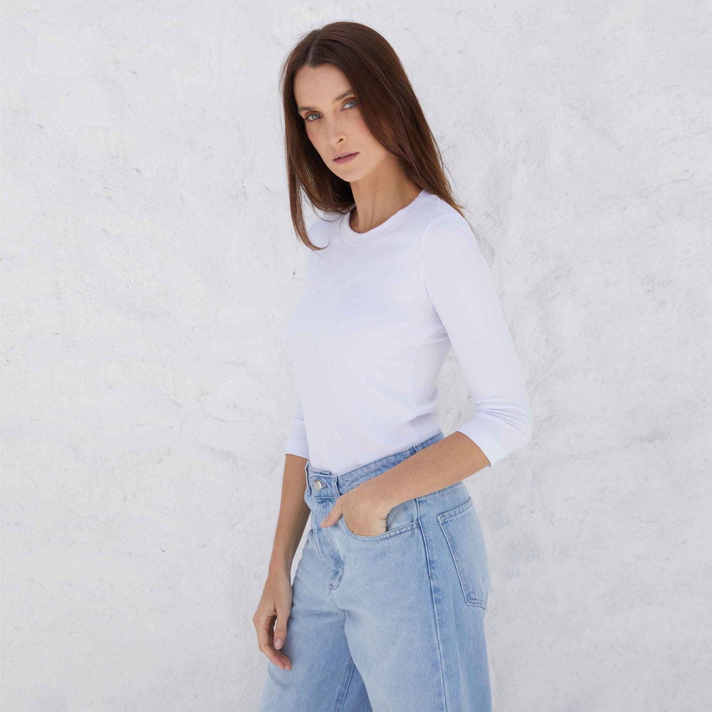 Blusa Canelada Viscose Manga 3/4 Feminina - Branco