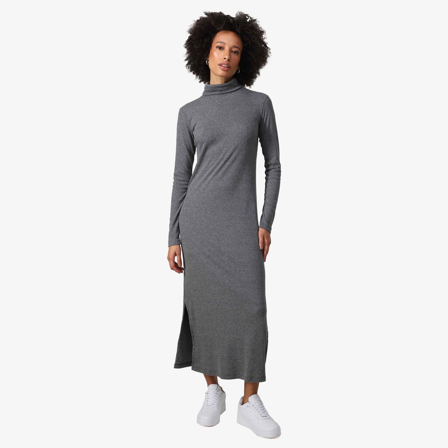 Vestido Midi Canelado Algodão Gola Rolê - Mescla Escuro