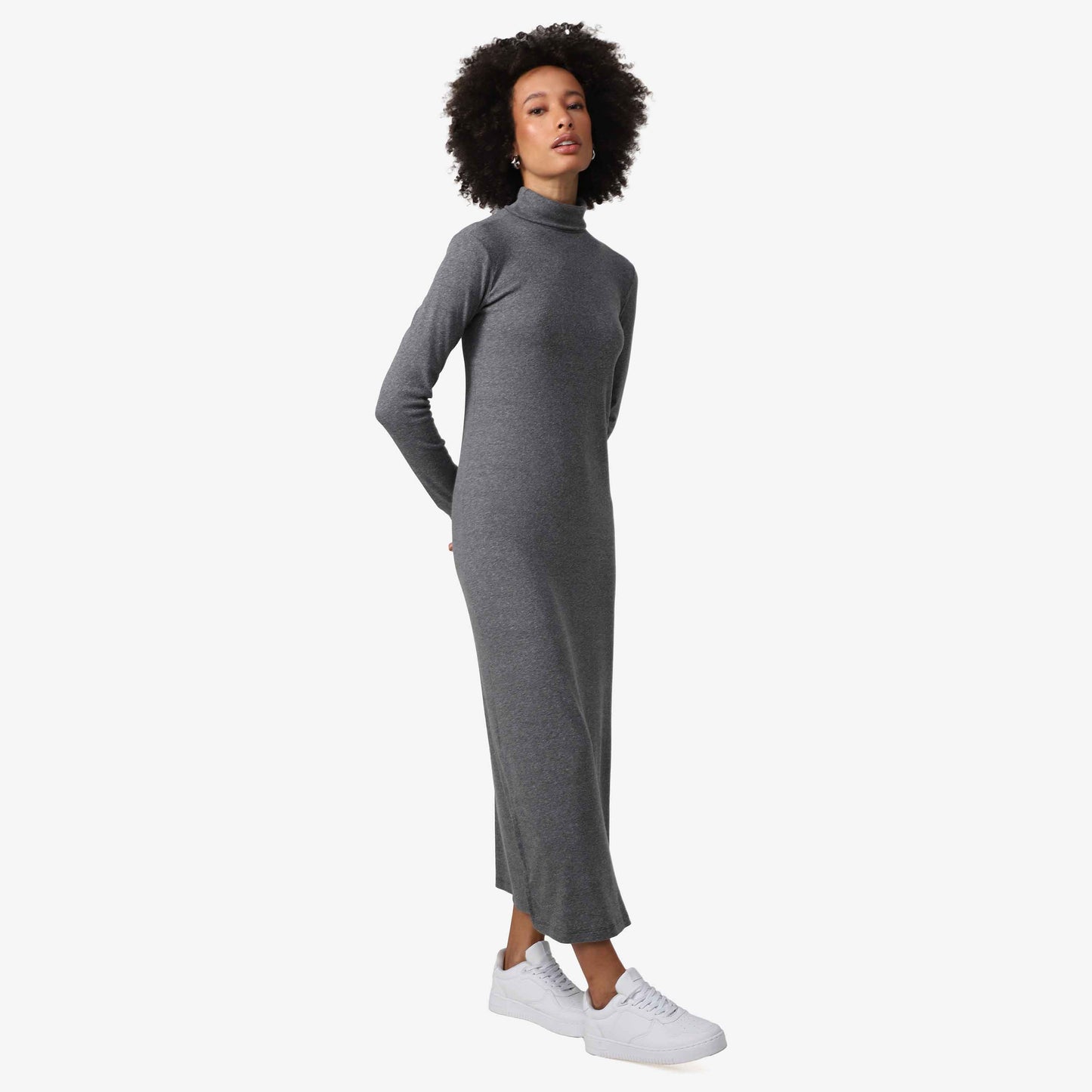 Vestido Midi Canelado Algodão Gola Rolê - Mescla Escuro