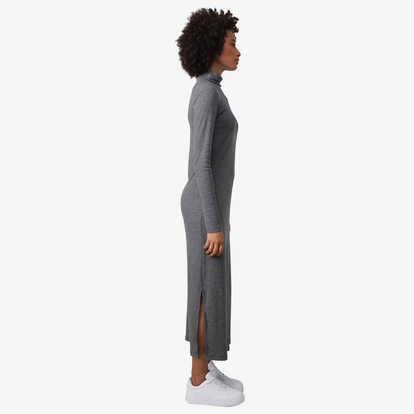 Vestido Midi Canelado Algodão Gola Rolê - Mescla Escuro