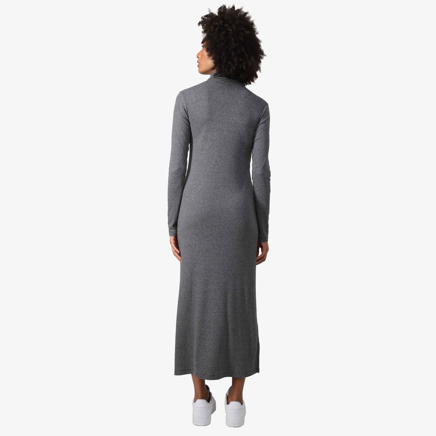 Vestido Midi Canelado Algodão Gola Rolê - Mescla Escuro