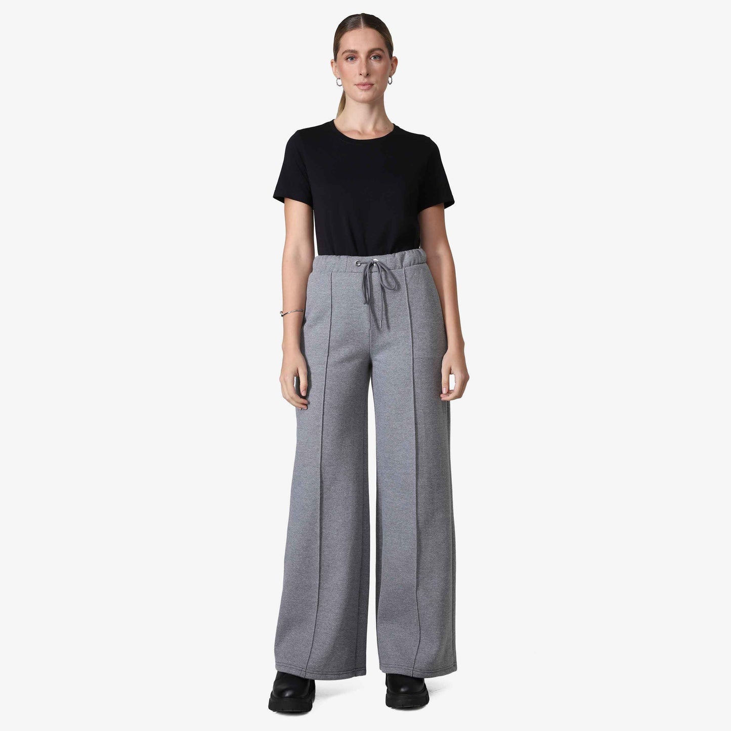Calça Wide Leg Moletom Flanelado Feminina - Mescla Escuro