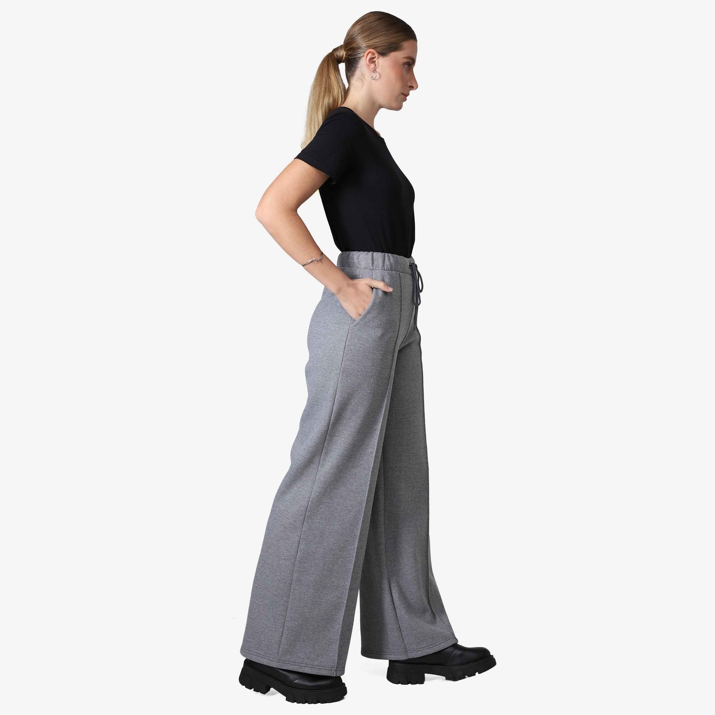 Calça Wide Leg Moletom Flanelado Feminina - Mescla Escuro