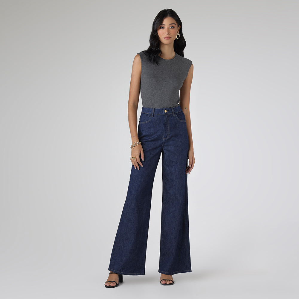 Calça Wide Jeans Feminina - Azul Jeans Escuro