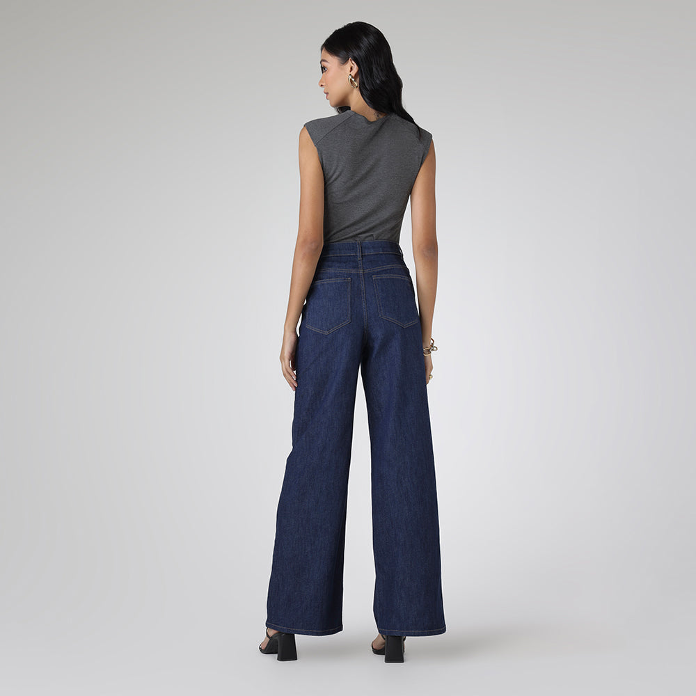 Calça Wide Jeans Feminina - Azul Jeans Escuro