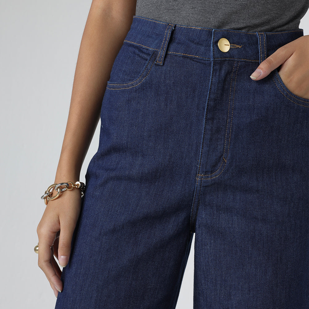 Calça Wide Jeans Feminina - Azul Jeans Escuro