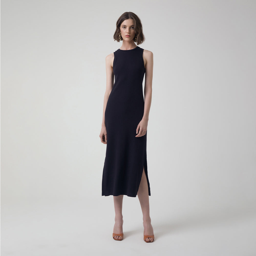 Vestido Midi Canelado Algodão - Preto