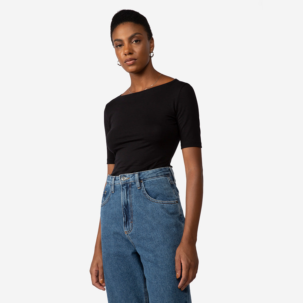 Blusa Cotton Pima Decote Canoa Feminina | Life Collection - Preto