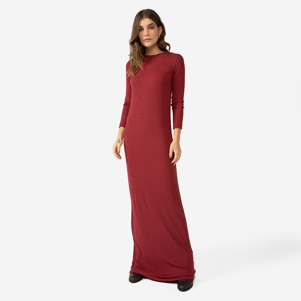 Vestido Longo Canelado Viscose - Marsala