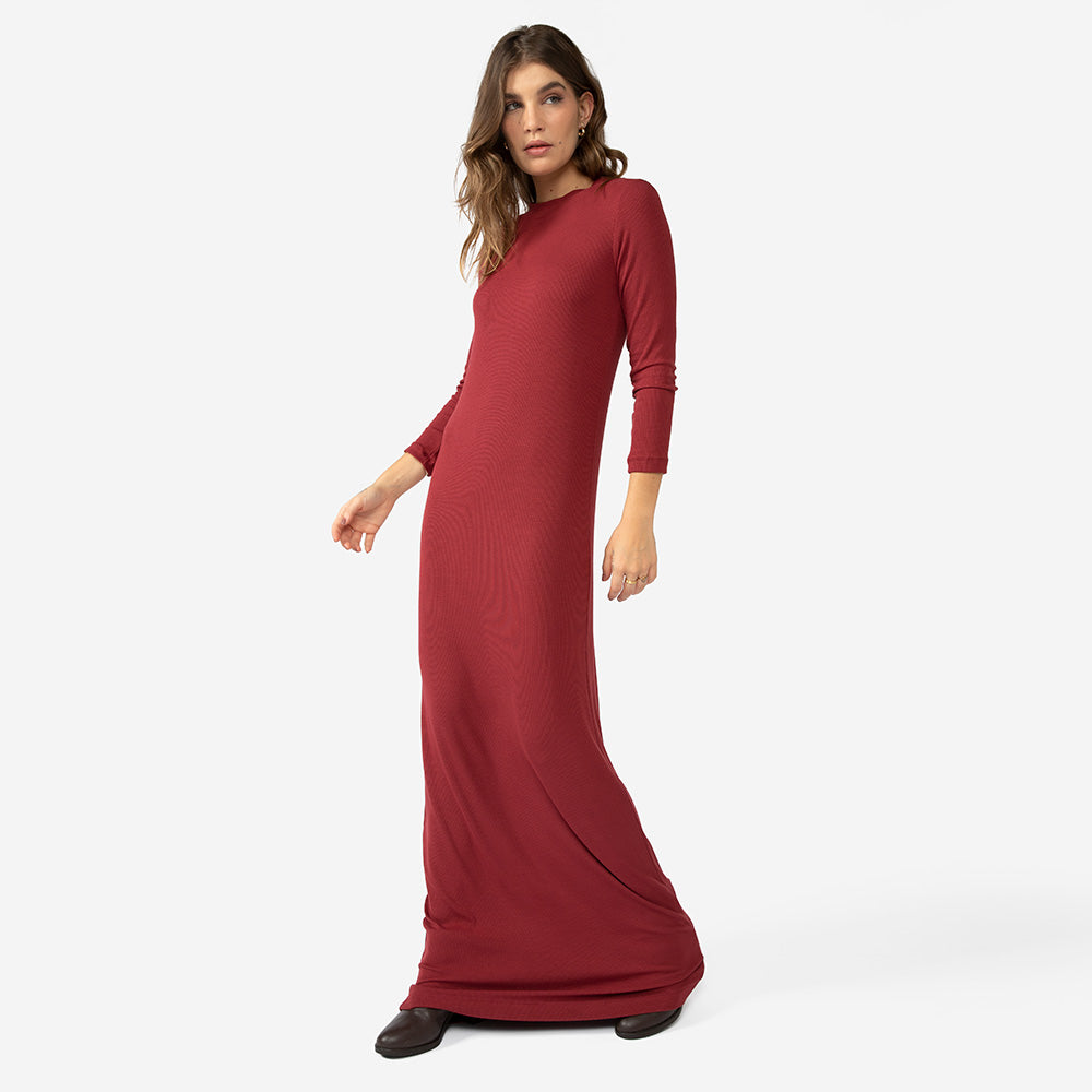 Vestido Longo Canelado Viscose - Marsala