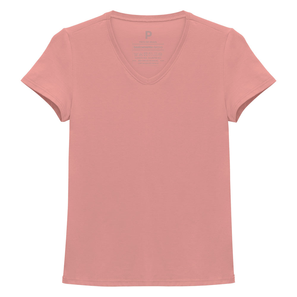 Camiseta Slim Gola V Feminina - Rose