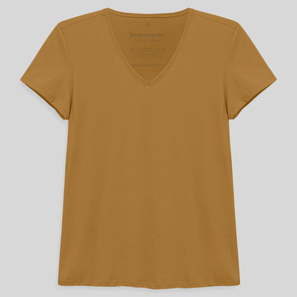 Camiseta Slim Gola V Feminina - Ocre
