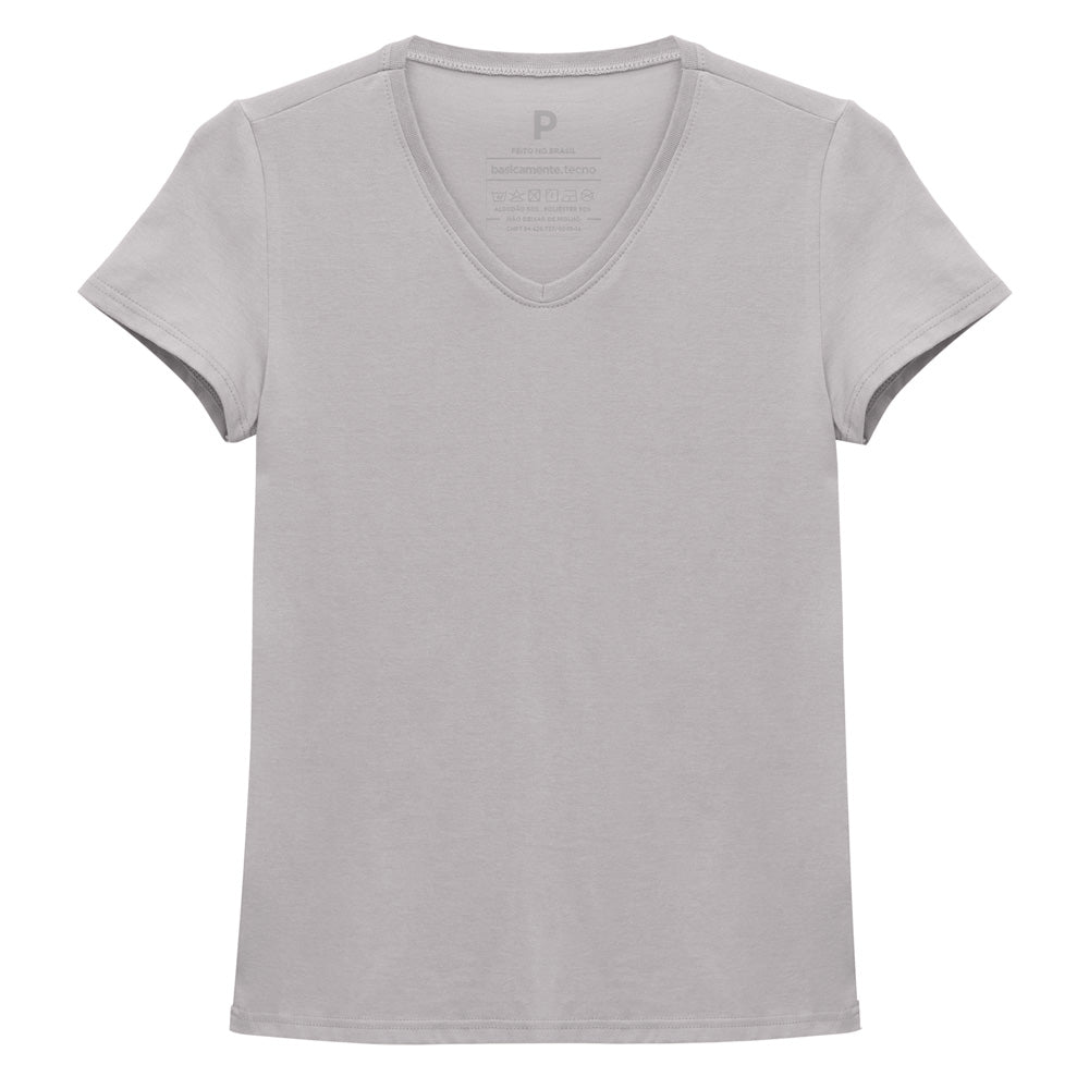 Camiseta Slim Gola V Feminina - Cinza Areia