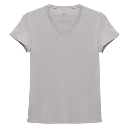 Camiseta Slim Gola V Feminina - Cinza Areia