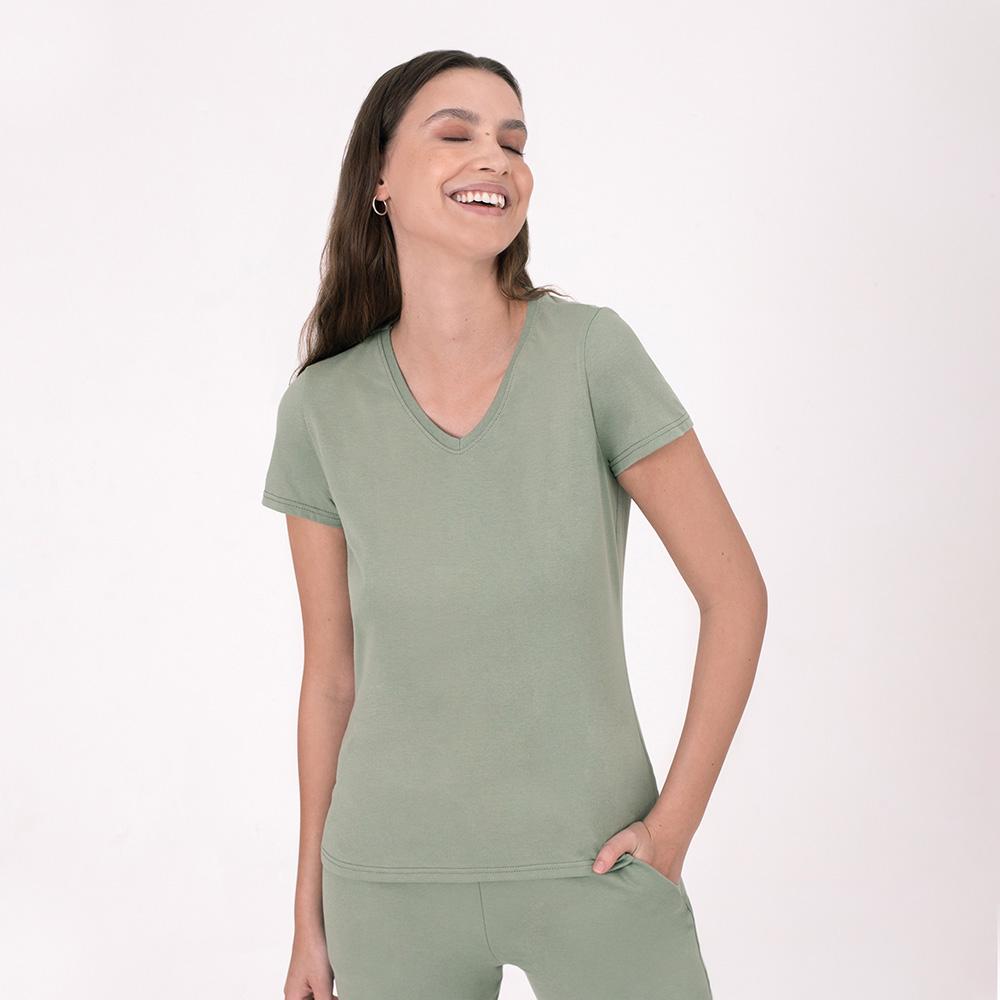 Camiseta Slim Gola V Feminina - Verde Oliva