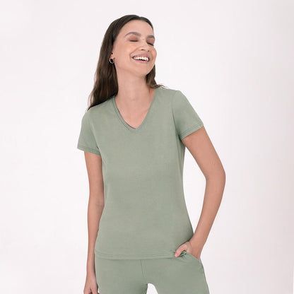 Camiseta Slim Gola V Feminina - Verde Oliva