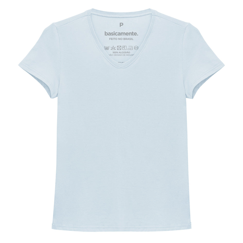 Camiseta Slim Gola V Feminina - Azul Ceu